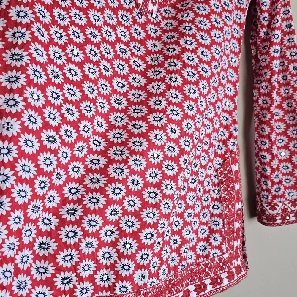 Tory Burch Jayne Nantucket Red Daisy Floral Embroidered Cotton Tunic Womens Sz 2
